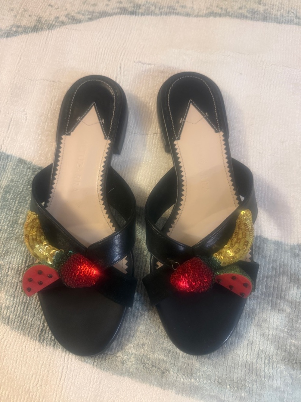 Altuzarra Black Women’s Slip-On Sandals with Sequin Strawberry Accent 6.5